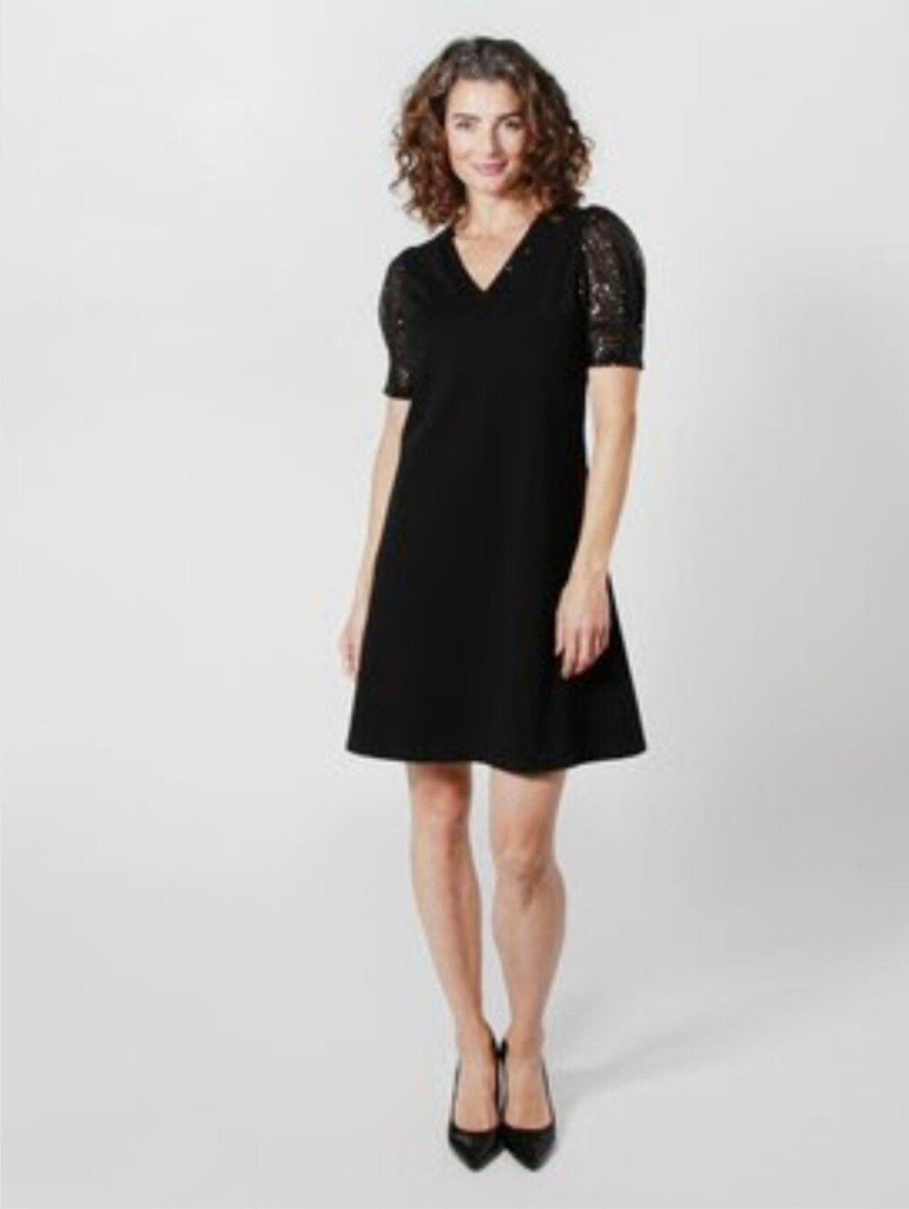 Black V-Neck Dress with Sequin Neckline & Sleeves